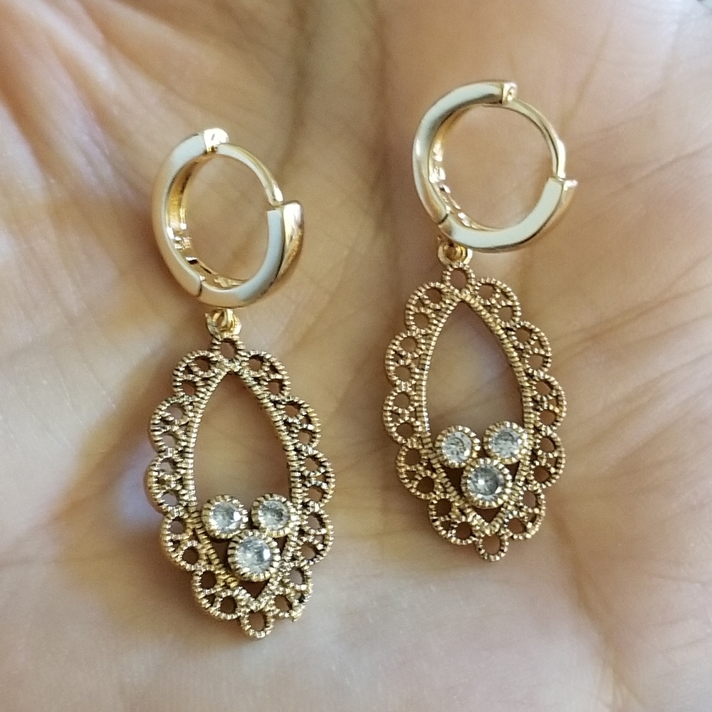 New 18K Gold Plated Diamond Dangle Drop Hoop Earrings for Women